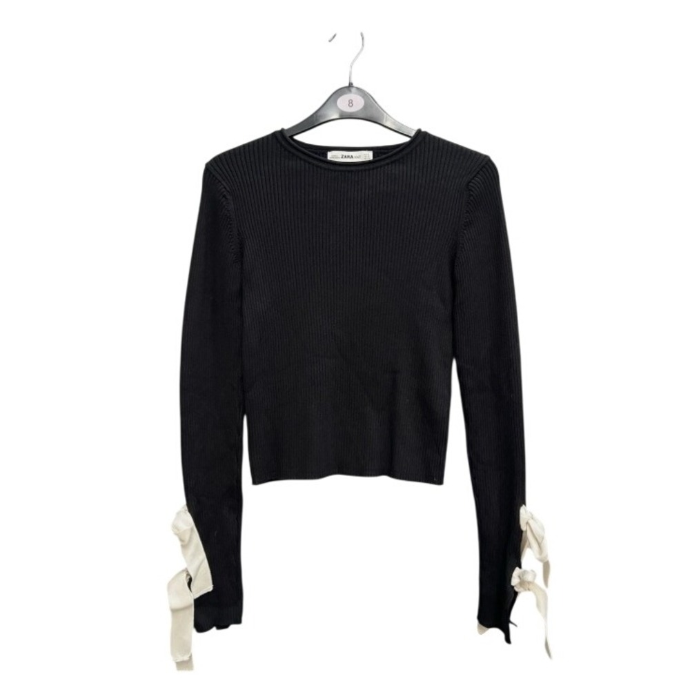 Zara Black Ribbed Knit Sweater Cream Bow Tie Cuffs Smallβ